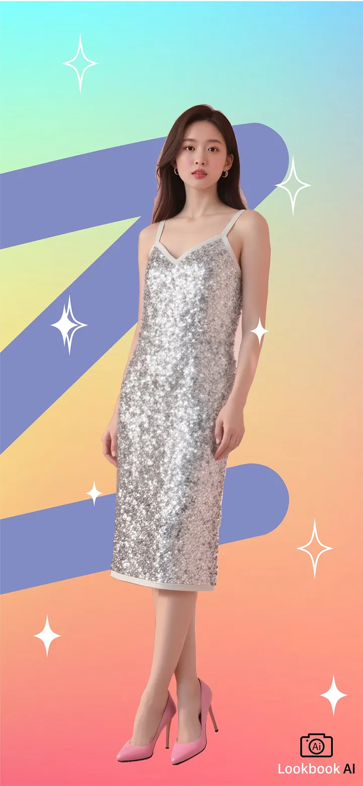 Người mẫu nữ mặc đầm sequin bạc dây mảnh, giày cao gót hồng