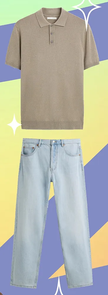 Ảnh sản phẩm: áo polo dệt kim màu be và quần jeans sáng màu