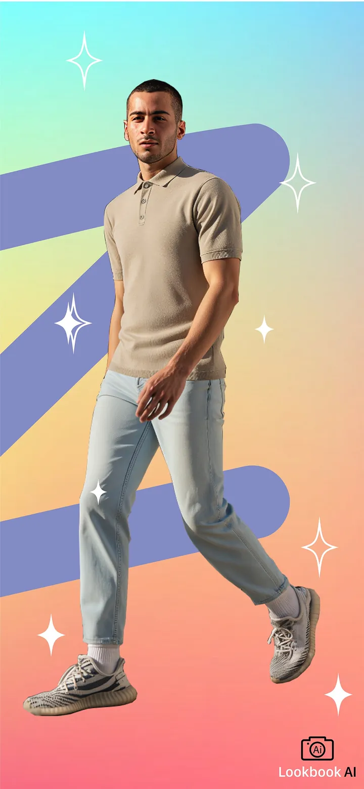 Người mẫu nam đang bước đi, mặc polo dệt kim màu be và quần jeans sáng màu