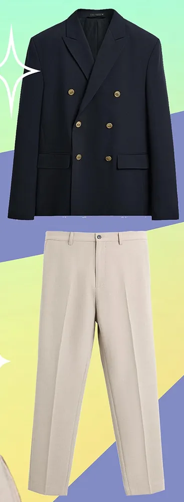 Ảnh sản phẩm: blazer navy hai hàng khuy và quần âu màu be