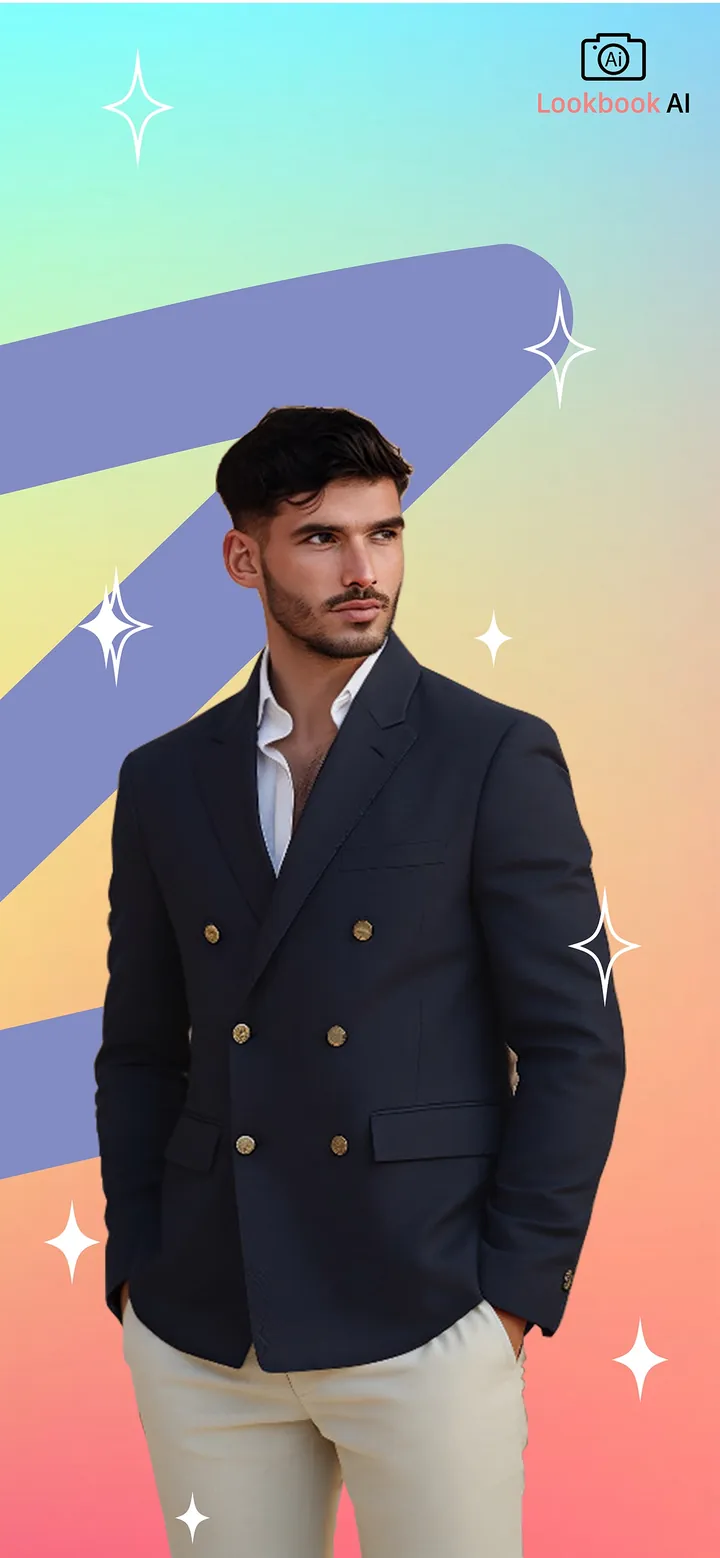 Người mẫu nam mặc blazer navy hai hàng khuy và quần âu màu be