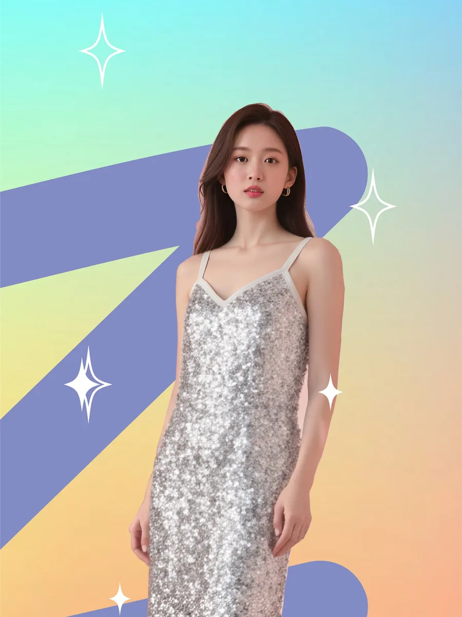Ảnh trước khi xoá: người mẫu mặc đầm sequin, nền có hai hình ngôi sao trang trí
